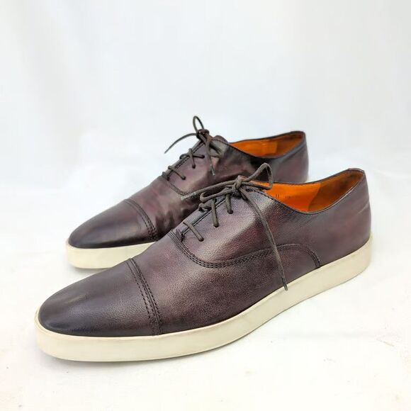 Santoni Mens Cap Toe Oxford Sneaker Brown Leather Shoes Size 12 Made in Italy